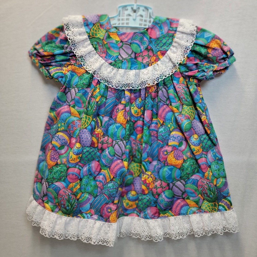 90s Easter Dress With Lace Collar Easter Eggs‎ Colorful Ruffles READ